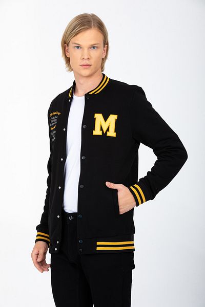 DYNAMO Men's Black College Collar Bomber Regular/Normal Cut Ribbed Cotton Sweatshirt 6755