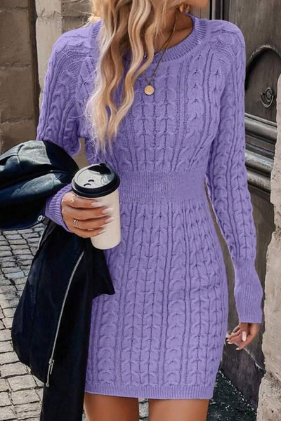 Ottawe Bisiklet Yakalı Uzun Kollu Slim Fit Kalıp Saç Örgü Desenli Esnek Mini ...