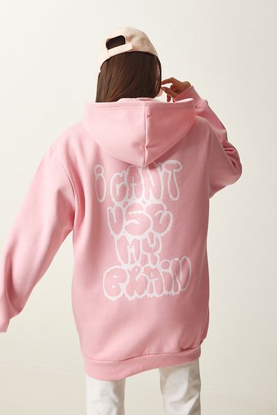 Lovelyİstanbul Light Pink Hooded Sweatshirt - Printed, Raster Low0028