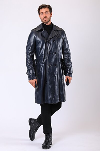 Leather Club Lacivert Leonardo Hakiki Deri Trench Kaban