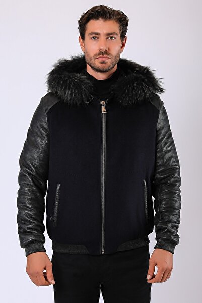 Leather Club Lacivert Diego Kürk Aksesuarlı Hakiki Deri Kaban