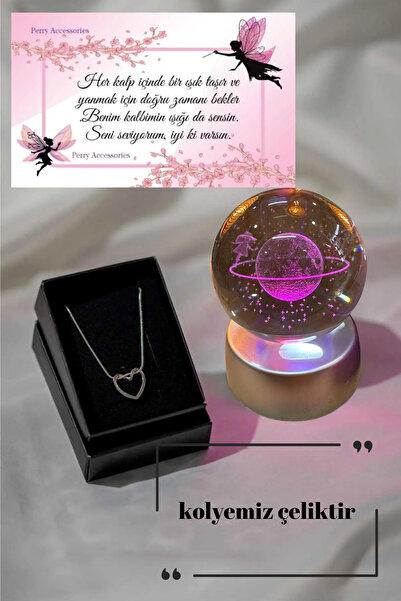 Perry Accesories düğüm çelik kalp kolye ve renk değiştiren  küre 3d kalp küre sevgiliye hediyelik  kombin set