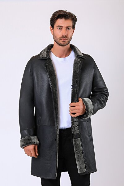 Leather Club Siyah Arthur Kürk Aksesuarlı Hakiki Deri Kaban