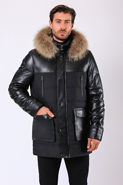 Leather Club Siyah Arthur Kürk Aksesuarlı Hakiki Deri Kaban
