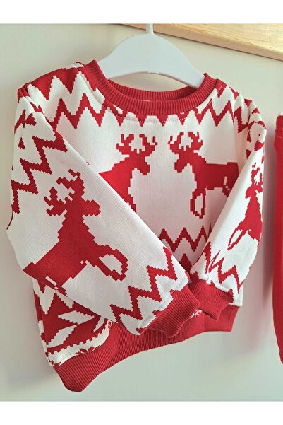 Nimini Kids New Season New Year's Themed Deer Printed Hooded Baby Boy Children's Top and Bottom Set (0-18 Months)