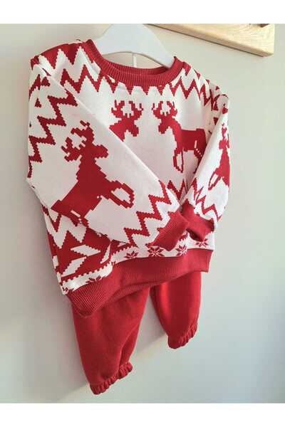 Nimini Kids New Season New Year's Themed Deer Printed Hooded Baby Boy Children's Top and Bottom Set (0-18 Months)