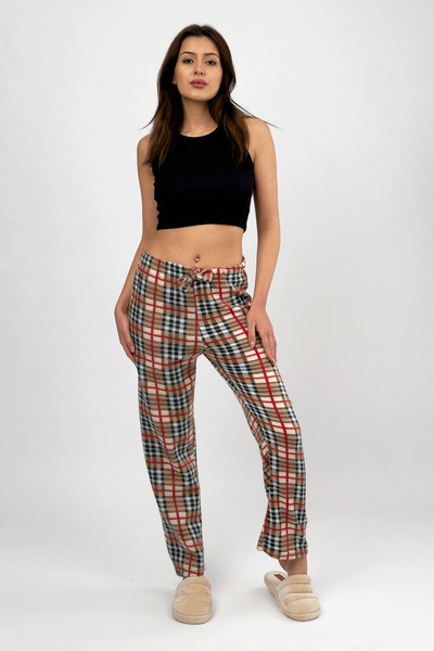 Betimoda Pantaloni de pijama din fleece pentru femei, bej, pătrați, cu talie elastică, pentru iarnă