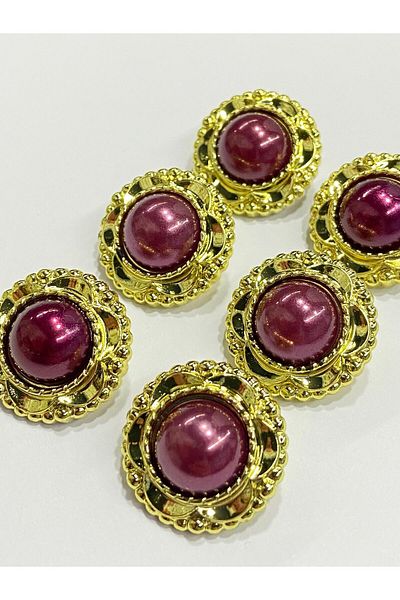 karantuhafiye Vintage Series Pearl Button Set / 2 cm Set of 6 (Gold - Claret Red)