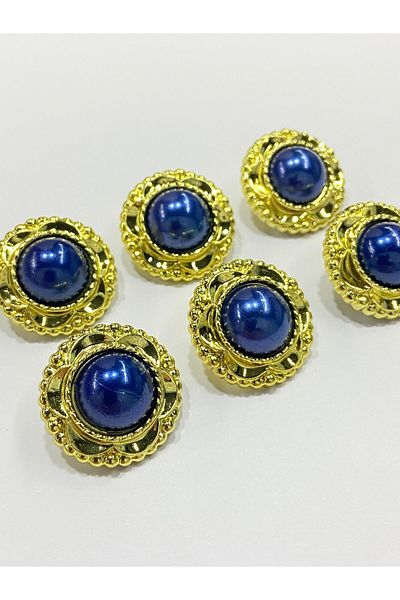 karantuhafiye Vintage Series Pearl Button Set / 2.5 cm Set of 6 (Gold - Dark Blue)