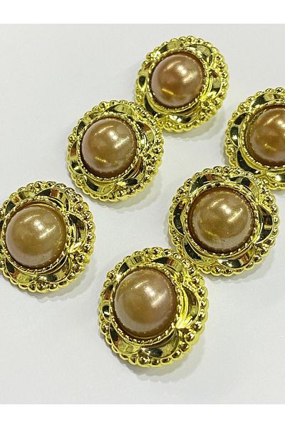 karantuhafiye Vintage Stylish Pearl Button Set - 2.5 cm Set of 6 (Gold - Dark Beige)