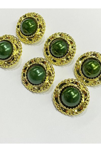 karantuhafiye Vintage Series Pearl Button Set / 2 cm Set of 6 (Gold - Green)
