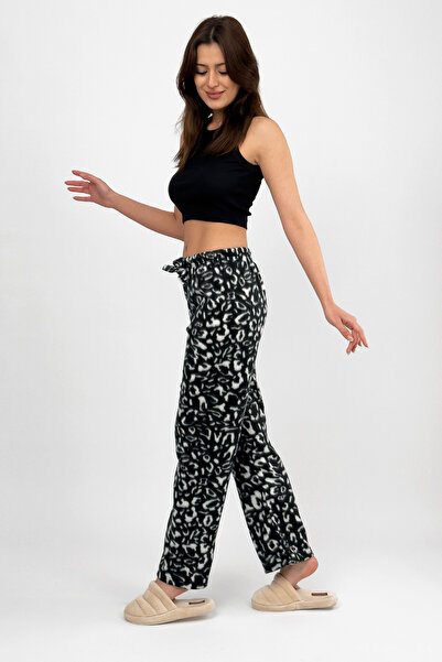 Betimoda Pantaloni de pijama din fleece pentru femei, leopard negru, cu talie elastică, cu un singur fund