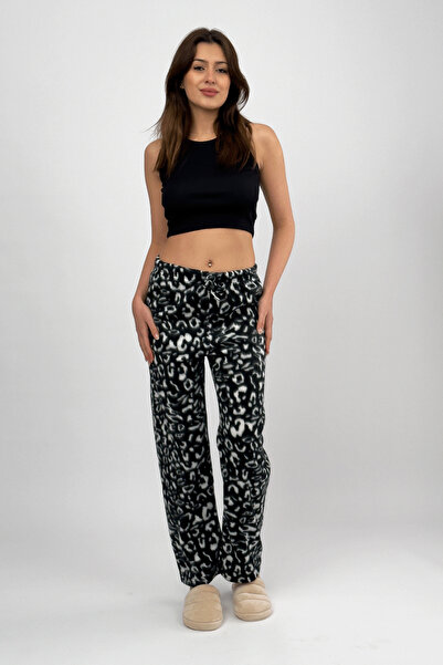 Betimoda Pantaloni de pijama din fleece pentru femei, leopard negru, cu talie elastică, cu un singur fund