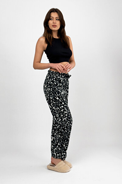 Betimoda Pantaloni de pijama din fleece pentru femei, leopard negru, cu talie elastică, cu un singur fund