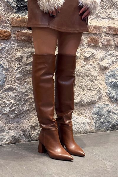 NİŞANTAŞI SHOES Dámské kozačky na podpatku Berny Tan Matte Pointed Toe