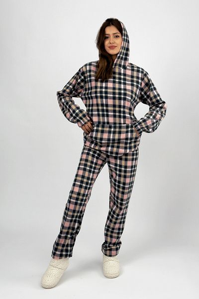 Betimoda Pink Square Print Women's Fleece Pajamas Set - Waist Hood and Elastic