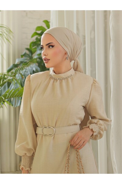 Modamorfo Linen Dress with Stone Collar, Gathered Sleeves and Belt - Beige