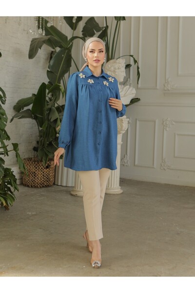 Modamorfo Robadan Gathered Special Appliqued Linen Tunic -Indigo
