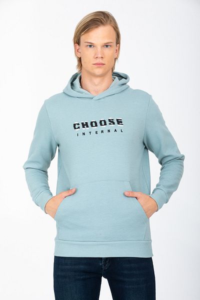 DYNAMO Men's Mint Hooded Kangaroo Pocket Embroidery Detailed Regular/Normal Cut Cotton Sweatshirt 6800