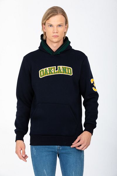 DYNAMO Men's Navy Blue Hooded Kangaroo Pocket Ribbed Regular/Normal Cut Cotton Sweatshirt 6756