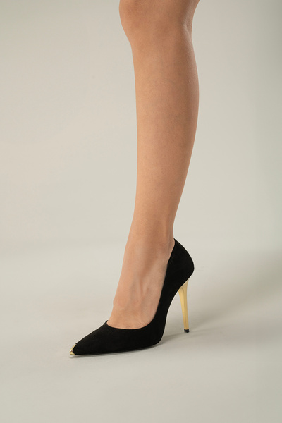 AYAKKABI PRENSİ Margot Burnu Altın Detaylı Si?yah Süet Siyah Suet 10 Cm Kadın Stiletto, Topuklu Ayakkabı