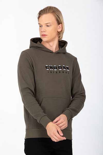 DYNAMO Men's Khaki Hooded Kangaroo Pocket Embroidery Detailed Regular/Normal Cut Cotton Sweatshirt 6800