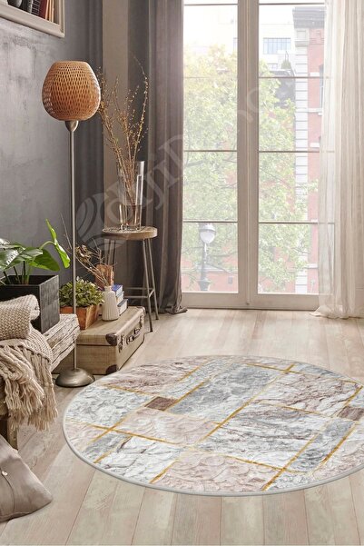 Dijidekor Halı Açık Vizon Cool Yıkanabilir Yuvarlak Delüxe Yolluk Kilim Salon...