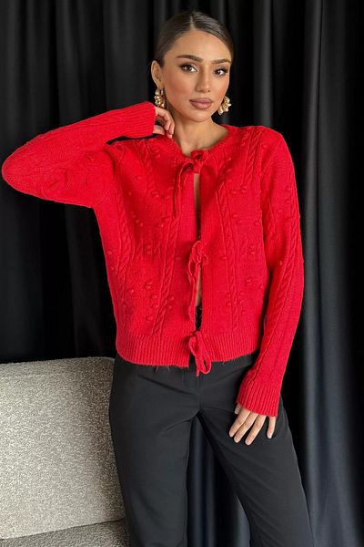 GÜLSELİ Red Women's Knitted Patterned Laced Knitwear Jacket