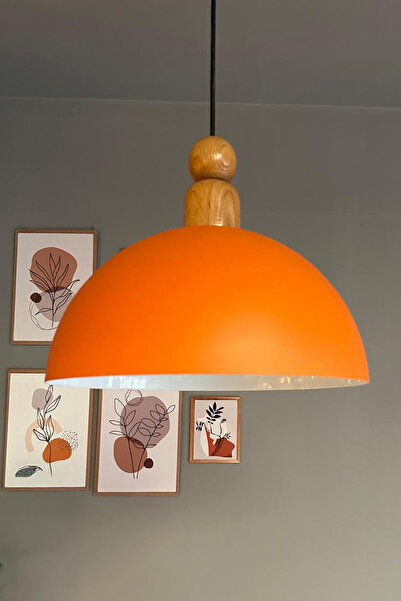 Bamyum Yimpi Mat Turuncu Kalın Ahşap Boncuk Başlık Avize Tekli Sarkıt Salon D...