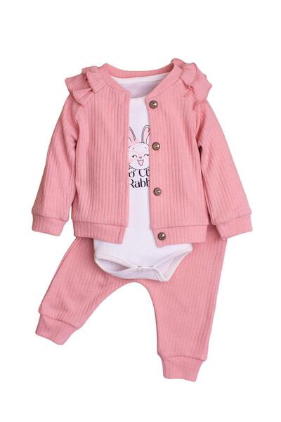 Chicsy Baby Baby Girl Ribbed Ruffle Detailed Cotton Bodysuit 3-Piece Baby Set