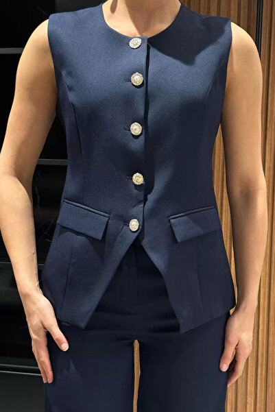 GÜLSELİ Navy Blue Button Detailed Vest Trousers Double Set
