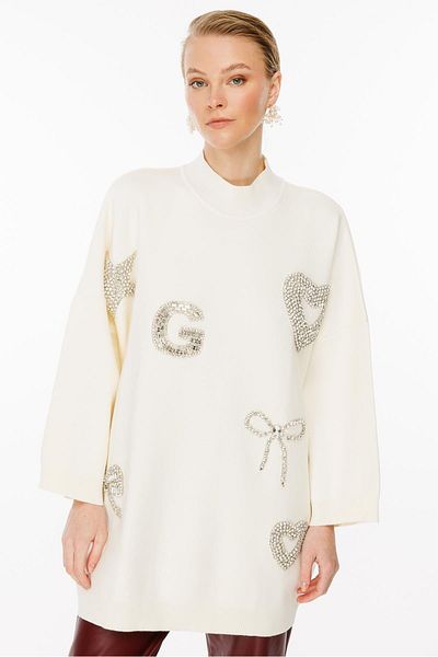 Ghisa Ecru Knitwear Tunic - Stone Embroidered