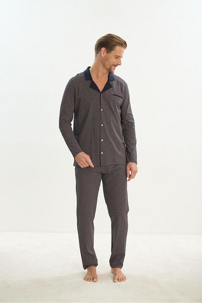 Sevim Men's Navy Blue Pajamas Set - Long Sleeve, Shirt Neck, Front Button C1T1N4O9
