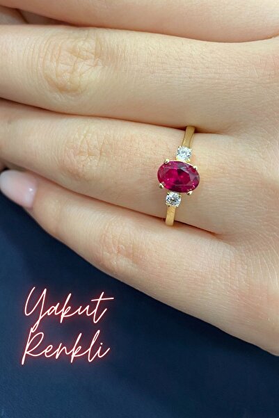 Hepimitu Yakut Renkli Üçtaş Altın Yüzük 14 Ayar