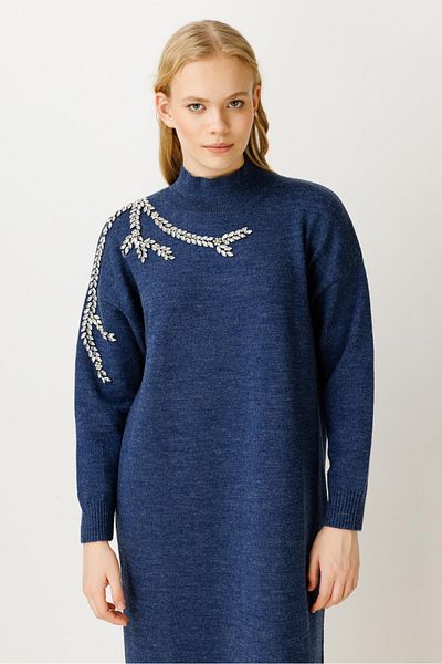 Ghisa Navy Blue Knitwear Dress - Embroidered Detail