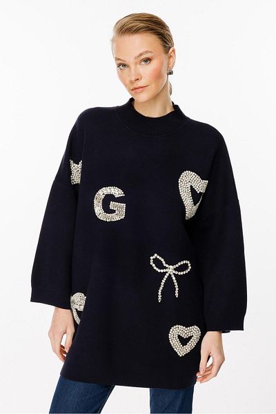 Ghisa Navy Blue Stone Embroidered Knitwear Tunic