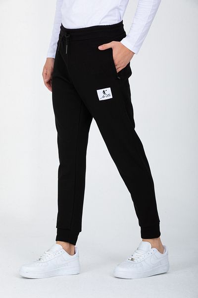 DYNAMO Men's Black Elastic Waist and Leg Patch Detailed Cotton Sweatpants AS-416