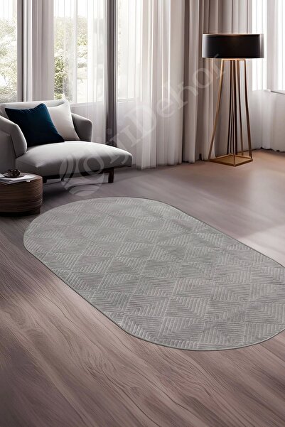 Dijidekor Halı Cool Gri Pramit Kaymaz Yıkanabilir Saçaksız Oval Yolluk Kilim ...