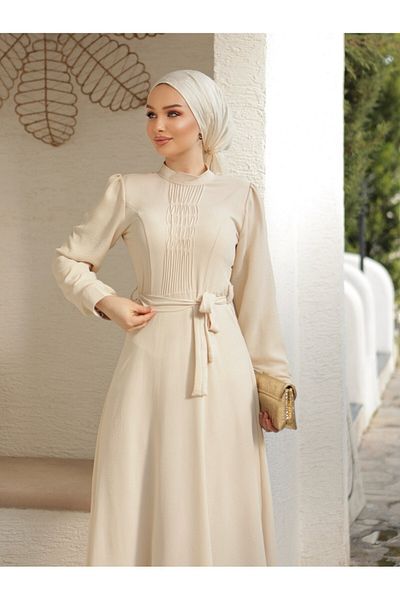 Modamorfo Sukienka Çıma Detailed Belted Ayrobin - Cream