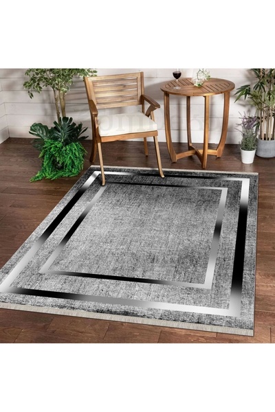 Dijidekor Halı Gri K0460 Yıkanabilir Saçaklı Ince Yolluk Kilim Salon Halısı M...