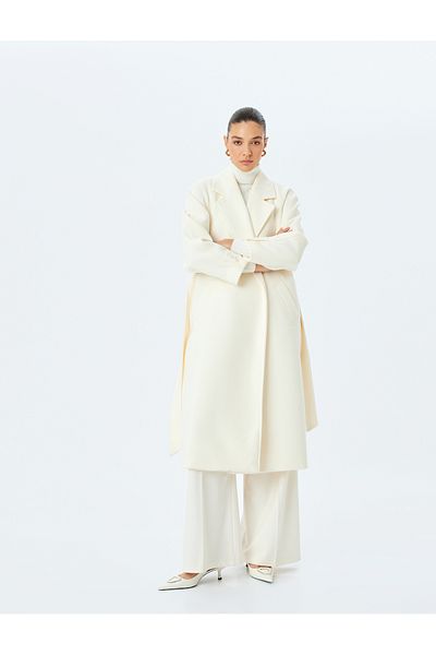 Koton Double Breasted Long Stamp Coat with Pockets and Belt