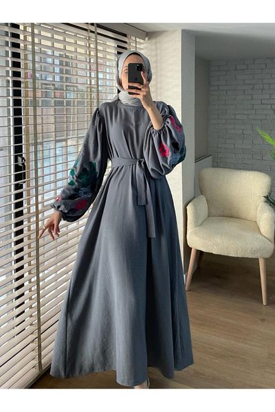 Modamorfo Ballonbesetztes, besticktes Kleid mit Gürtel – Grau