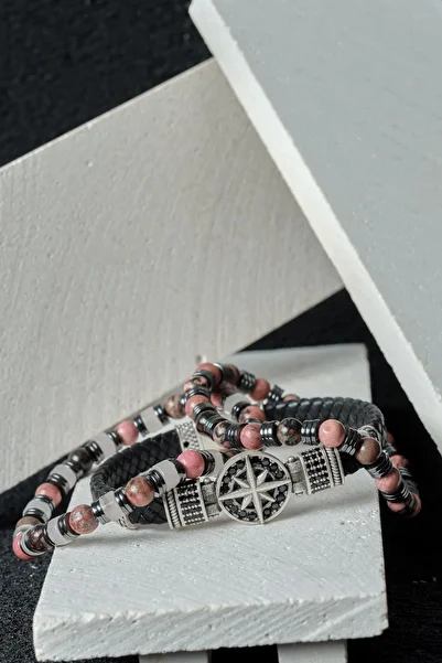 Ssilhoutte Doğaltaş Energy & Balance Combination Bracelet - Rhodonite, Pink Quartz & Hematite - Genuine Leather & Brass Finish