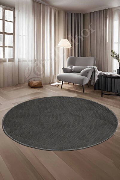 Dijidekor Halı Cool Antrasit Pramit Desenli Saçaksız Yuvarlak Yolluk Kilim Sa...