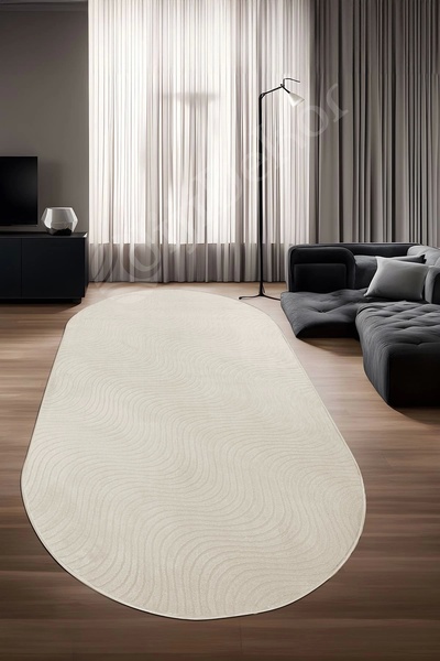 Dijidekor Avangard Oval Halı Sahra Krem Salon Koridor Antre Mutfak Halısı Silinebilir Yolluk