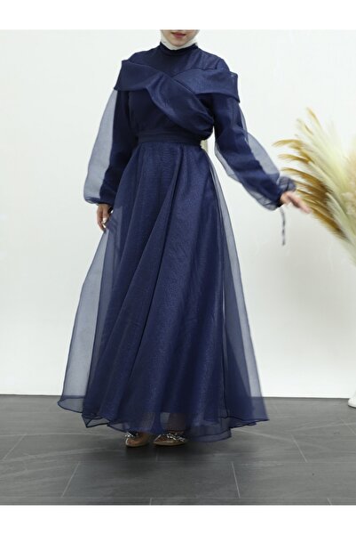 Modamorfo Evening Dress with Lace-Up Sleeves and Turndown Neckline Glitter Tulle -Navy