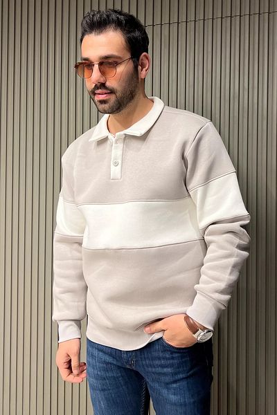 MİSHAR İTALİA Γκρι ανδρικό φούτερ με γιακά πόλο με λεπτομέρεια με τρεις κλωστές