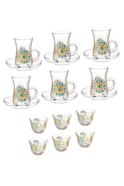 Byblos Saudi Tea And Coffee Set 18 Pieces Turkish Glass Ramadan Inscription