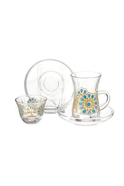 Byblos Saudi Tea And Coffee Set 18 Pieces Turkish Glass Ramadan Inscription