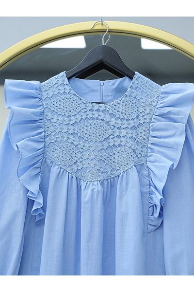 Modamorfo Tunica poplin albastru - Roba cu volane pe umeri si broderie din dantela